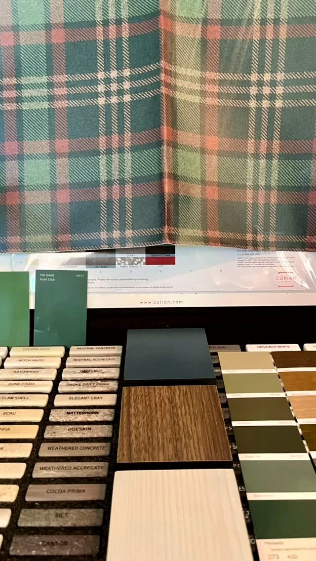 Wesley's material samples: plaid, wood, and a paint chip named Hunt Club